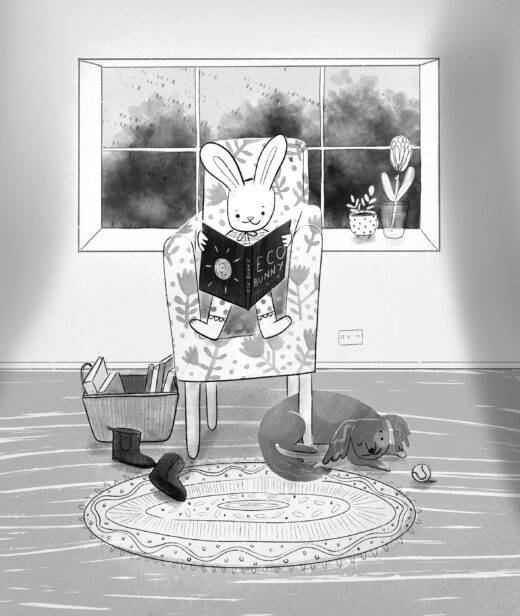Animals: Eco bunny on a rainy day illustration by Amie Sabadin