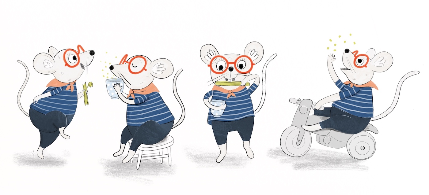Illustration of a mouse character in 4 different poses.