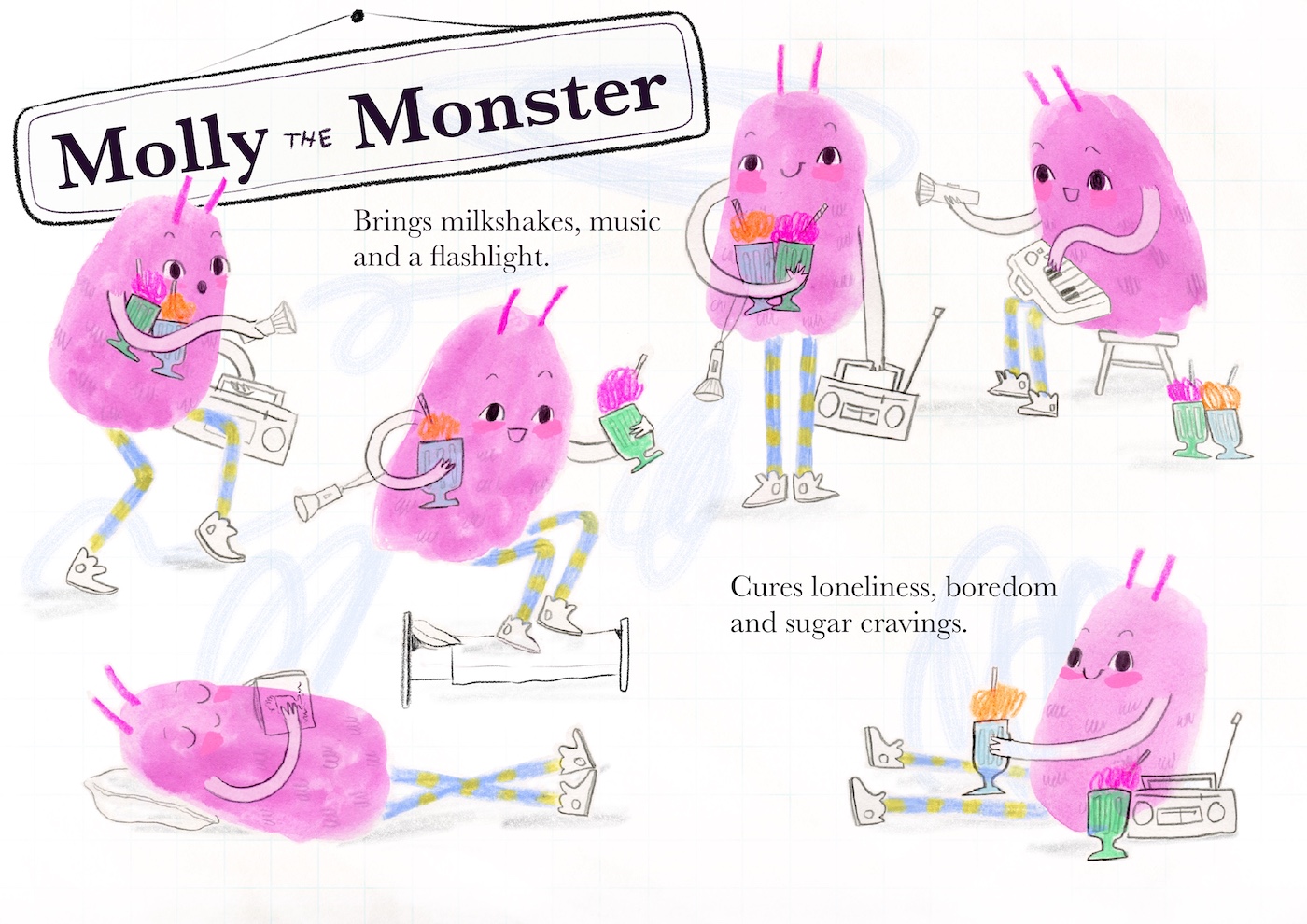 Pink monster with milkshakes and music machines
